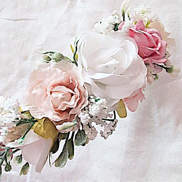 Pink Flower Crown White Garland Floral Hair Accessory Renfaire Cosplay Coquette - Picture 2 of 4